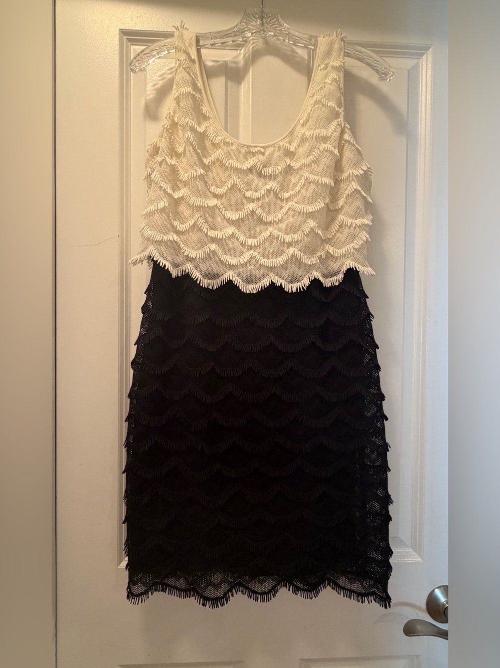 Guess Two-Tone Ivory and Black Fringe Layered Dress - size 14